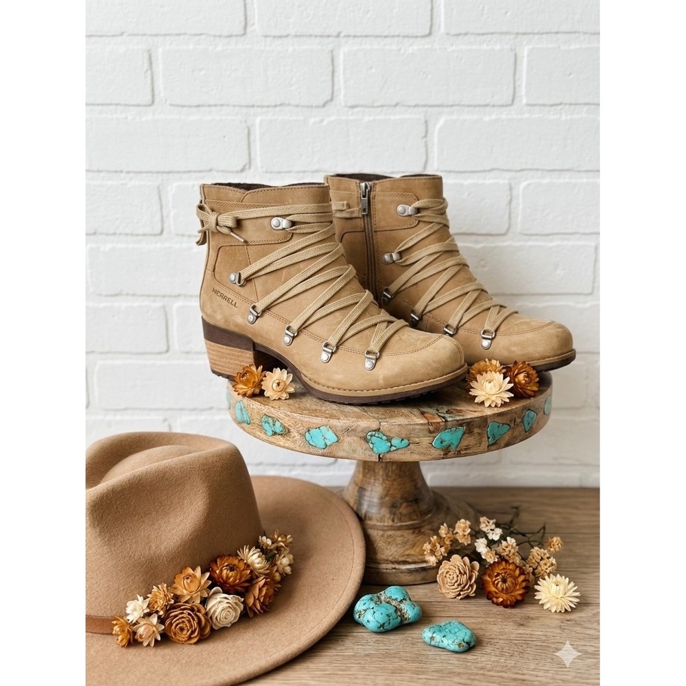 Merrell Shiloh 🦋🤎Leather Lace Up Ankle Boots Tan Western Boho Chic festival